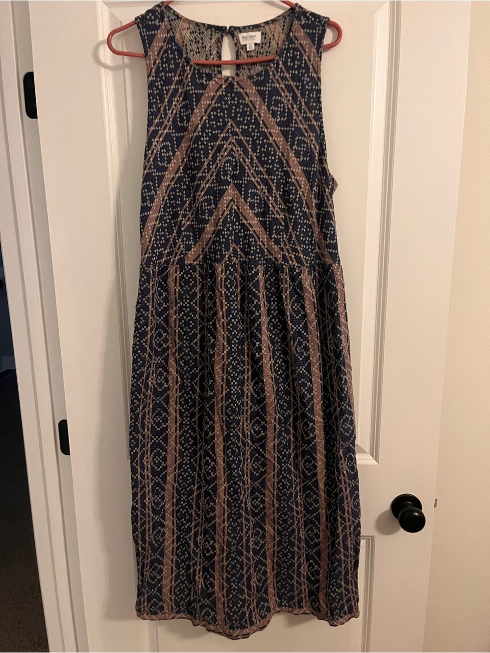 True Craft Navy and Tan Geo-Print Sleeveless Midi Dress